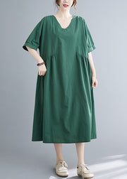 Plus Size Green V Neck Cinched pocket Dress Short Sleeve