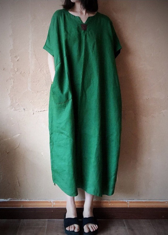 Plus Size Green V Neck Embroideried Pockets Linen Maxi Dresses Short Sleeve