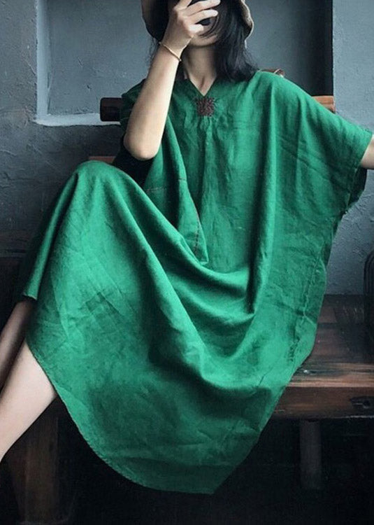 Plus Size Green V Neck Embroideried Pockets Linen Maxi Dresses Short Sleeve