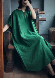 Plus Size Green V Neck Embroideried Pockets Linen Maxi Dresses Short Sleeve