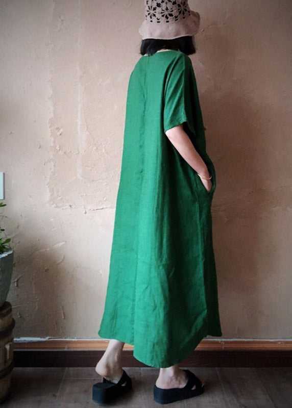 Plus Size Green V Neck Embroideried Pockets Linen Maxi Dresses Short Sleeve