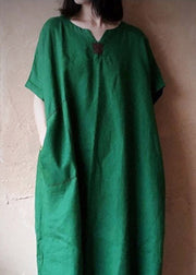 Plus Size Green V Neck Embroideried Pockets Linen Maxi Dresses Short Sleeve