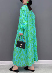 Plus Size Green V Neck Print Button Shirt Dress Long Sleeve