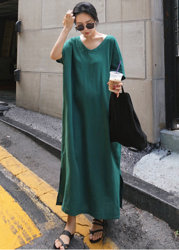 Plus Size Green V Neck Side Open Long Dress Short Sleeve