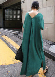 Plus Size Green V Neck Side Open Long Dress Short Sleeve