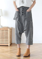 Plus Size Grey Asymmetrical Design Pockets Cotton Crop Pants - bagstylebliss