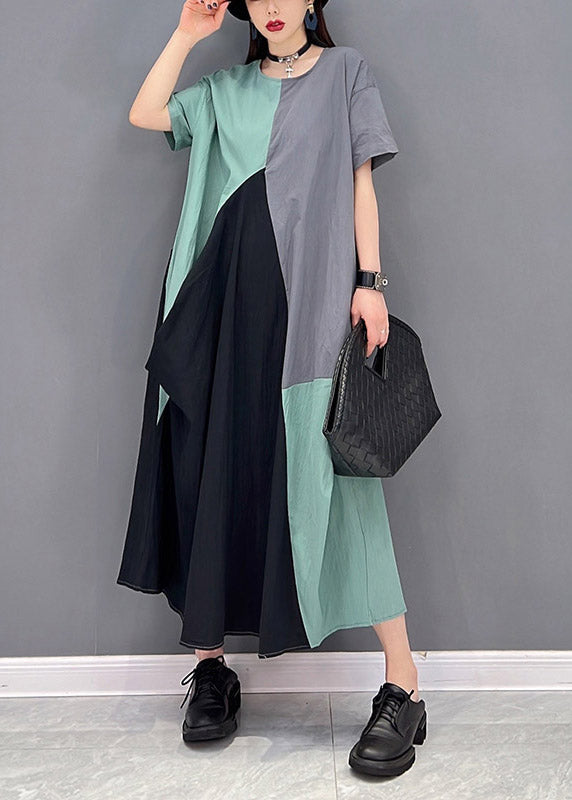 Plus Size Grey Blue Patchwork O-Neck Long Dresses Short Sleeve