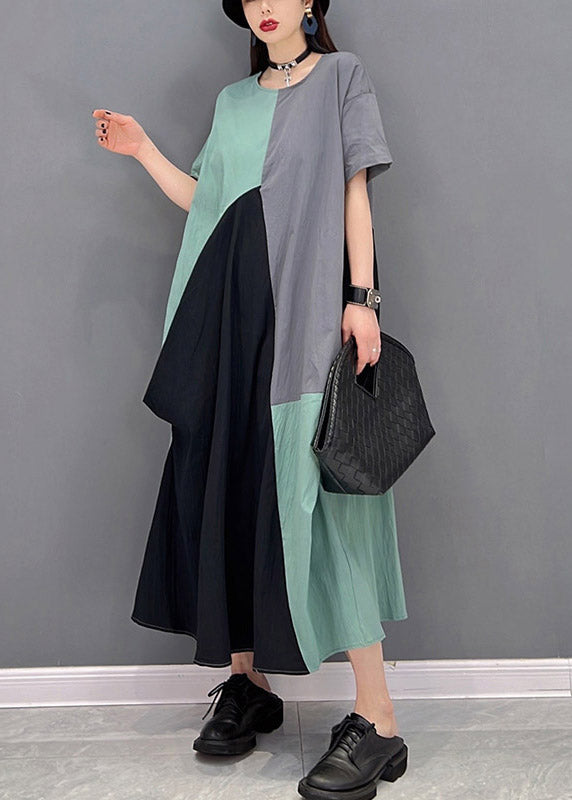 Plus Size Grey Blue Patchwork O-Neck Long Dresses Short Sleeve