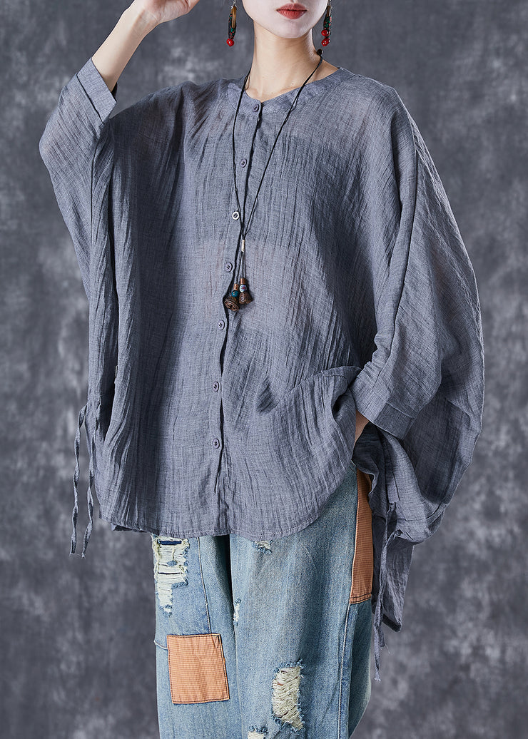 Plus Size Grey Oversized Linen Blouses Batwing Sleeve