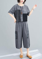 Plus Size Grey Patchwork Print Two Piece Set Women Clothing Summer Linen - bagstylebliss