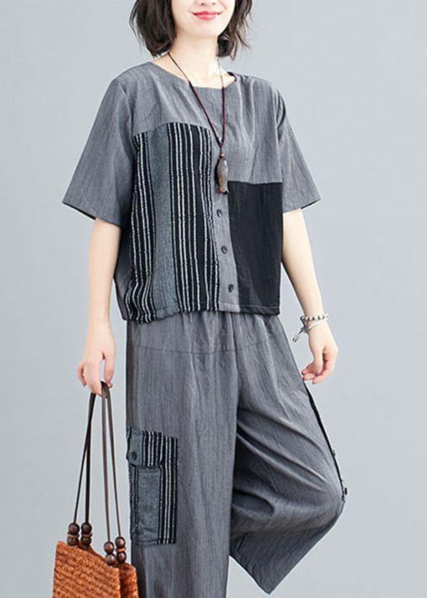 Plus Size Grey Patchwork Print Two Piece Set Women Clothing Summer Linen - bagstylebliss