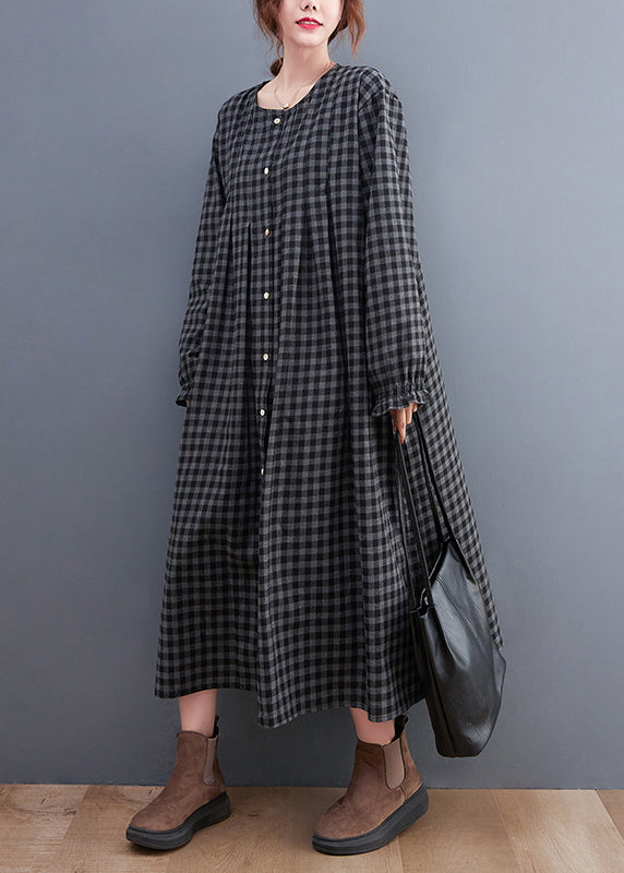 Plus Size Grey Plaid O-Neck Button Maxi Dresses Long Sleeve