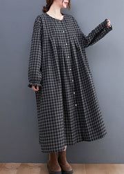 Plus Size Grey Plaid O-Neck Button Maxi Dresses Long Sleeve