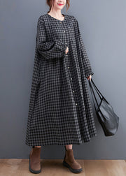 Plus Size Grey Plaid O-Neck Button Maxi Dresses Long Sleeve