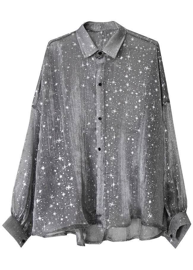 Plus Size Grey Print Peter Pan Collar Button Blouse Top - bagstylebliss