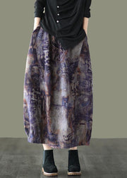 Plus Size Grey Purple Retro Print A Line Pockets Fall Skirts - bagstylebliss
