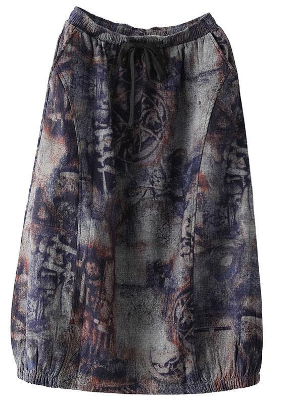 Plus Size Grey Purple Retro Print A Line Pockets Fall Skirts - bagstylebliss
