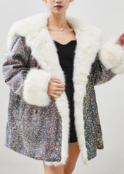 Plus Size Grey Sequins Warm Faux Fur Velour Hoodie Coat Winter