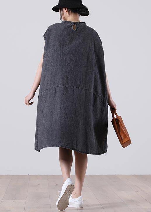 Plus Size Grey Sleeveless Pockets Loose Vacation Summer Cotton Dress - bagstylebliss
