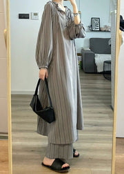 Plus Size Grey Striped Patchwork Cotton Two Pieces Set Pajamas Long Sleeve