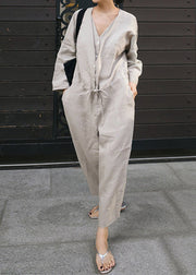 Plus Size Grey V Neck Button Linen Jumpsuit Spring