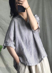 Plus Size Grey V Neck Striped Linen Top Short Sleeve