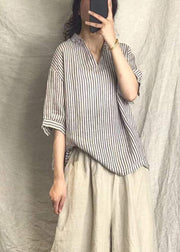 Plus Size Grey V Neck Striped Linen Top Short Sleeve