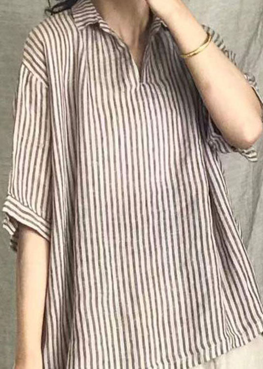 Plus Size Grey V Neck Striped Linen Top Short Sleeve