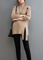 Plus Size Khaki Button Knit Sweaters Turtle Neck Winter