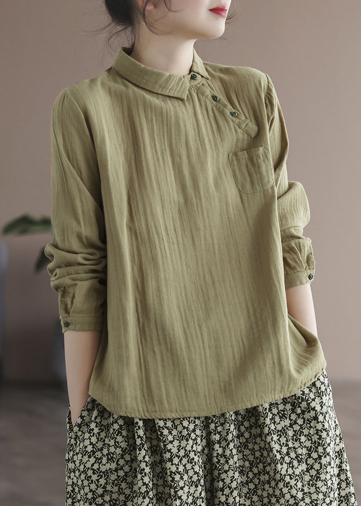 Plus Size Khaki Button Peter Pan Collar asymmetrical design Cotton Tops Long Sleeve