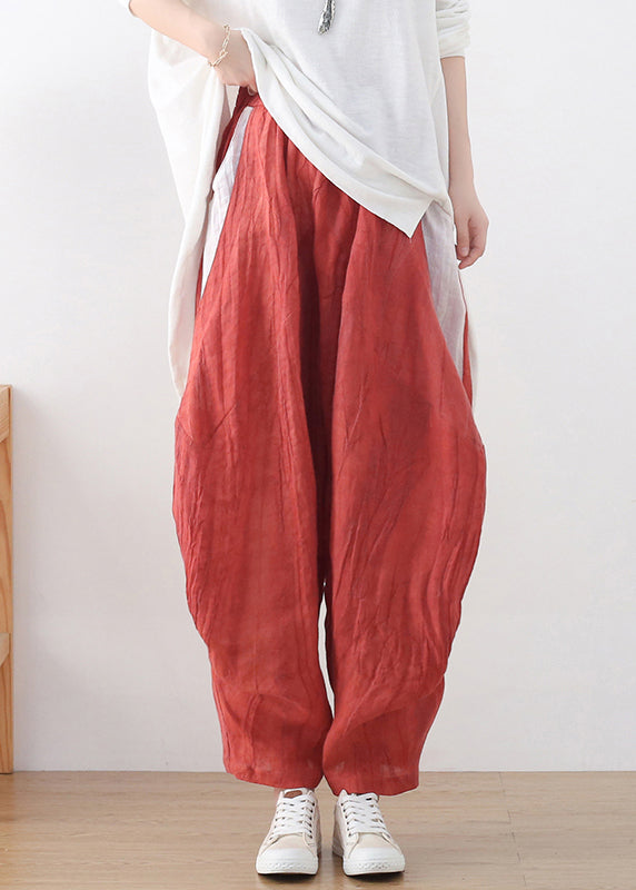 Plus Size Khaki Elastic Waist Wrinkled Patchwork Linen Harem Pants Summer