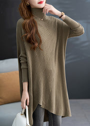 Plus Size Khaki Green Hign Neck Asymmetrical Knit Sweater Fall