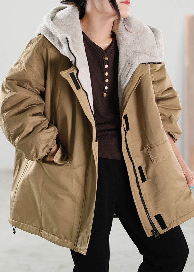 Plus Size Khaki Hooded Patchwork Faux Fur Coat Winter