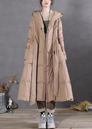 Plus Size Khaki Hooded Tie Waist Patchwork Duck Down Long Coat Winter