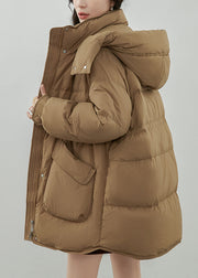 Plus Size Khaki Hooded Zip Up Pockets Duck Down Coats Winter