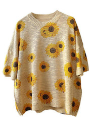Plus Size Khaki Knit O-Neck Loose Floral Fall Half Sleeve Top - bagstylebliss