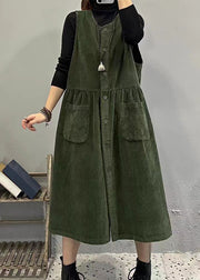 Plus Size Khaki O Neck Button Pockets Corduroy Long Dresses Sleeveless