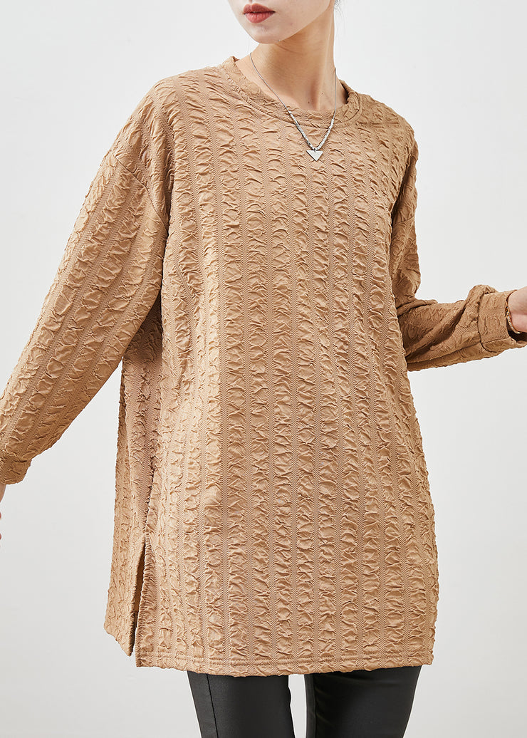 Plus Size Khaki Oversized Jacquard Cotton Shirt Spring