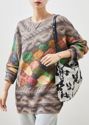 Plus Size Khaki Oversized Thick Print Knit Pullover Spring