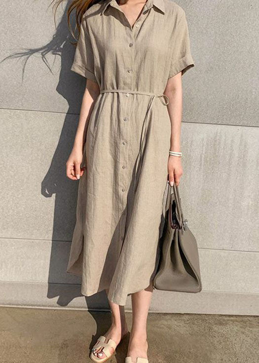 Plus Size Khaki Peter Pan Collar Cinched shirts Dress Short Sleeve