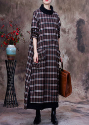 Plus Size Khaki Plaid Pockets Cotton Robe Dresses Spring