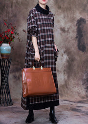 Plus Size Khaki Plaid Pockets Cotton Robe Dresses Spring