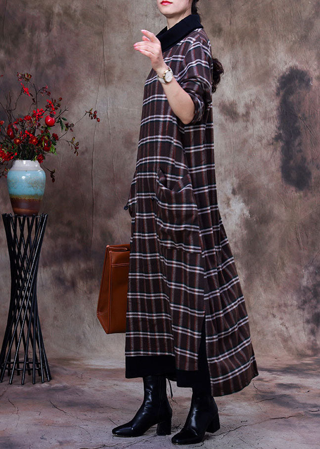 Plus Size Khaki Plaid Pockets Cotton Robe Dresses Spring