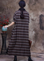 Plus Size Khaki Plaid Pockets Cotton Robe Dresses Spring