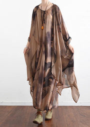 Plus Size Khaki Print asymmetrical design Long Summer Chiffon Dress - bagstylebliss
