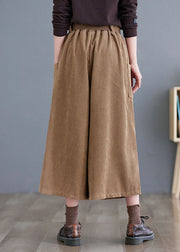 Plus Size Khaki Sashes Corduroy Crop Wide Leg Pants