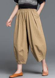 Plus Size Khaki Solid Elastic Waist Pockets Cotton Harem Pants Summer