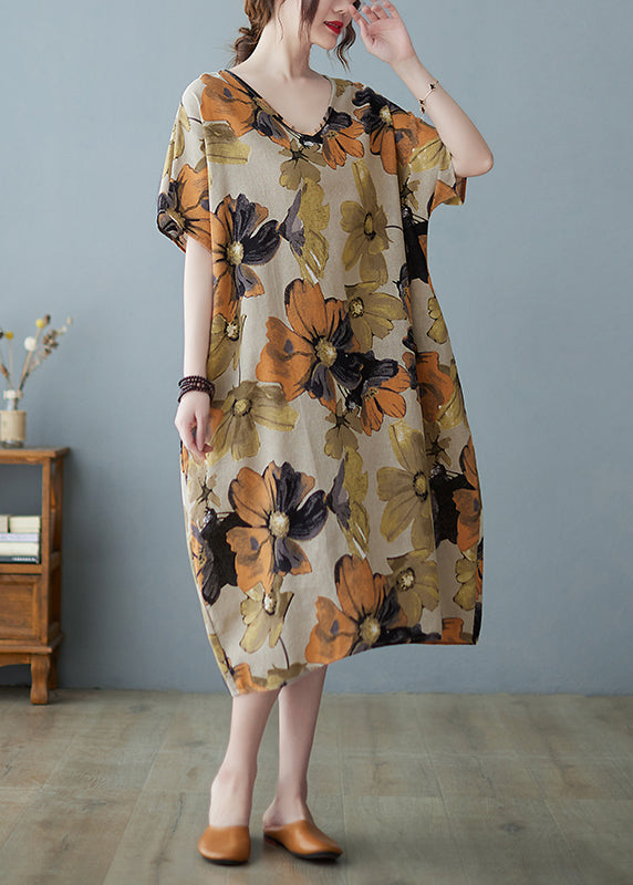 Plus Size Khaki V Neck Print Long Dress Short Sleeve