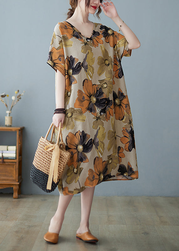 Plus Size Khaki V Neck Print Long Dress Short Sleeve