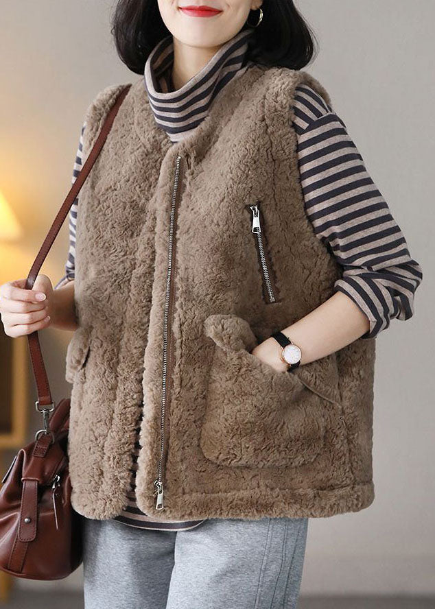 Plus Size Khaki Zip Up Pockets Fuzzy Fur Fluffy Vest Spring